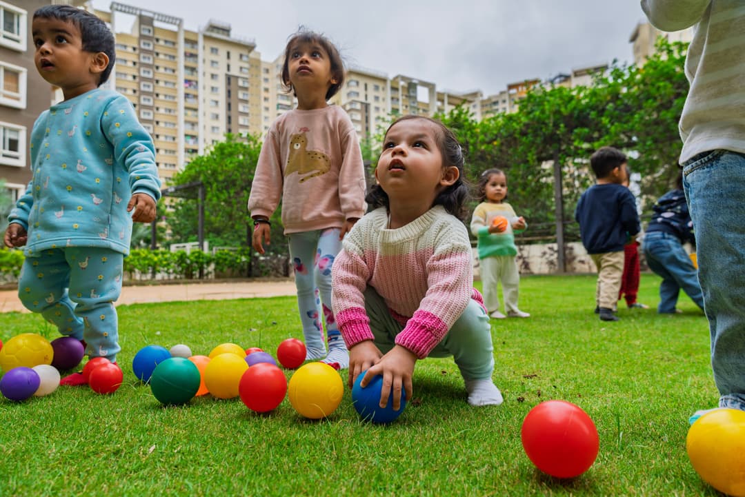 Children playing with colorful balls on a green lawn